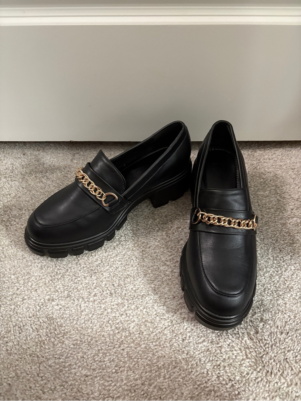 JustFab Black Chunky Loafers with Gold Chain